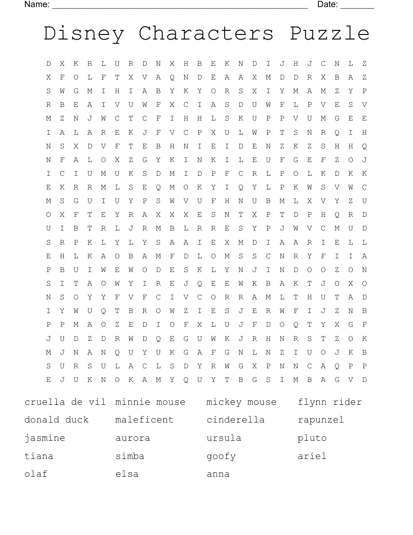 Disney Characters Puzzle Word Search