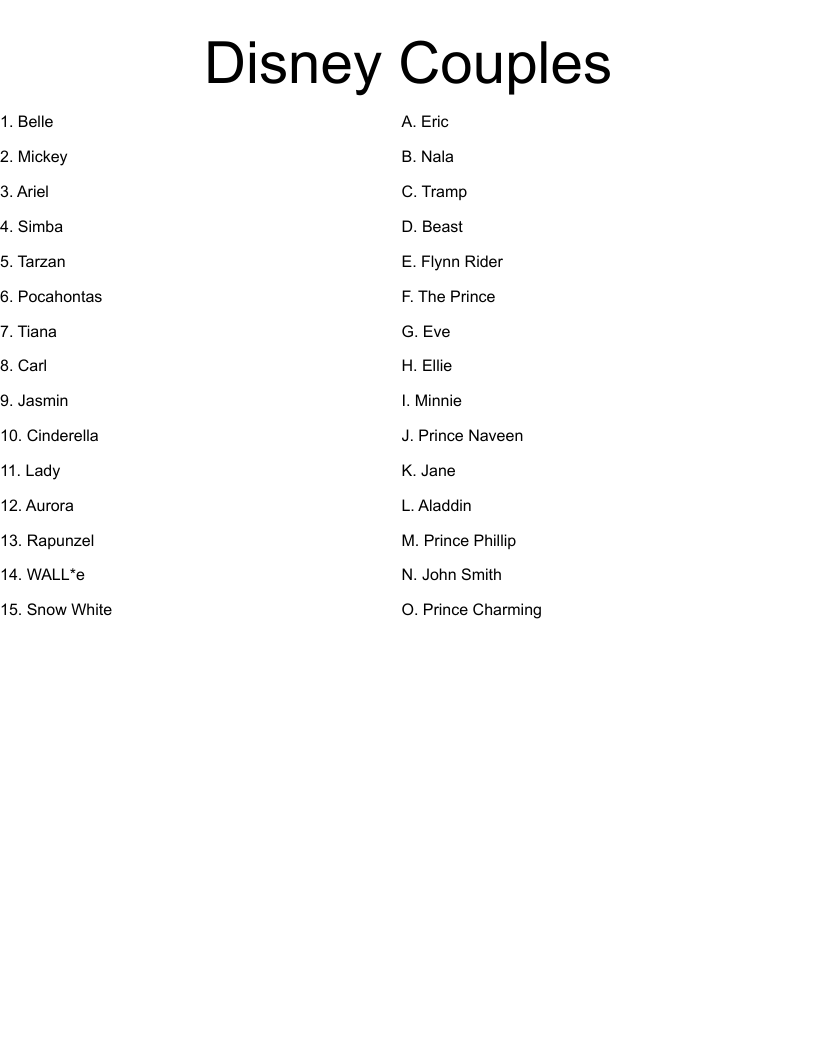 Disney Couples Worksheet