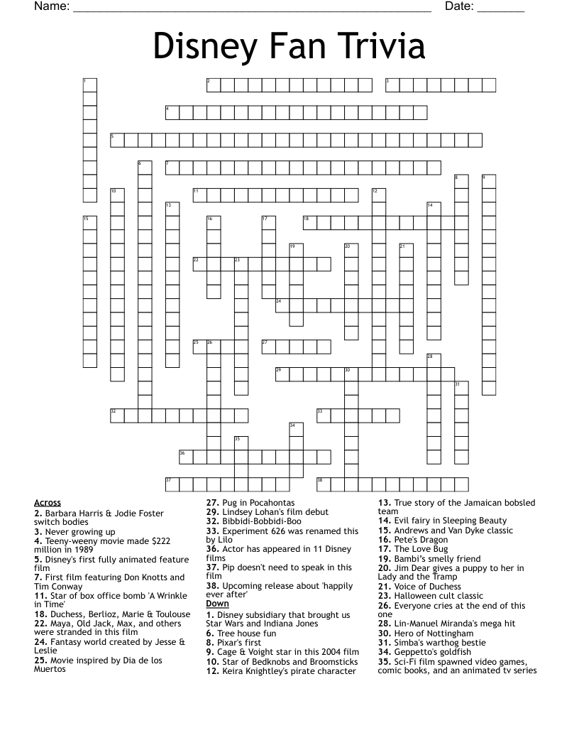 Disney Fan Trivia Crossword