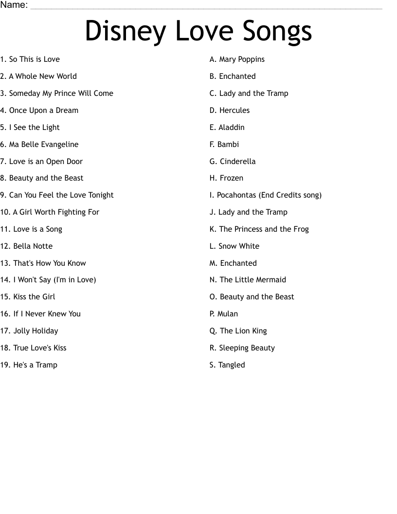 Disney Love Songs Worksheet