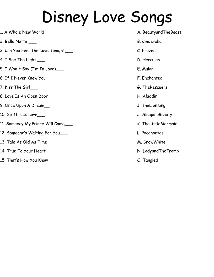 Disney Love Songs Worksheet