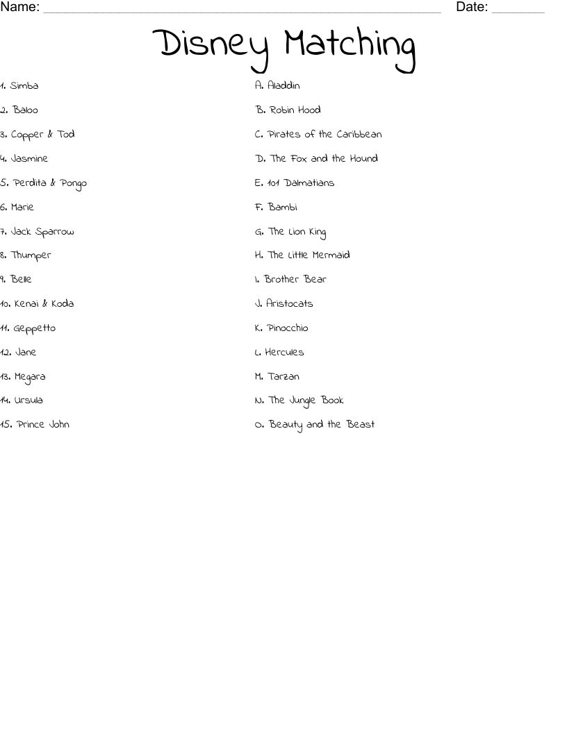Disney Matching  Worksheet