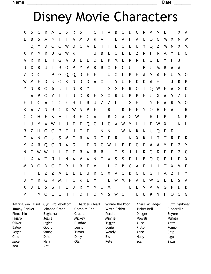 Disney Movie Characters Word Search