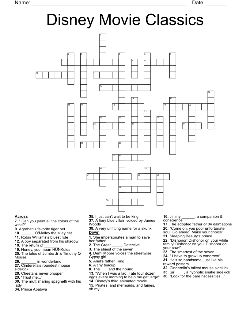 Disney Movie Classics Crossword