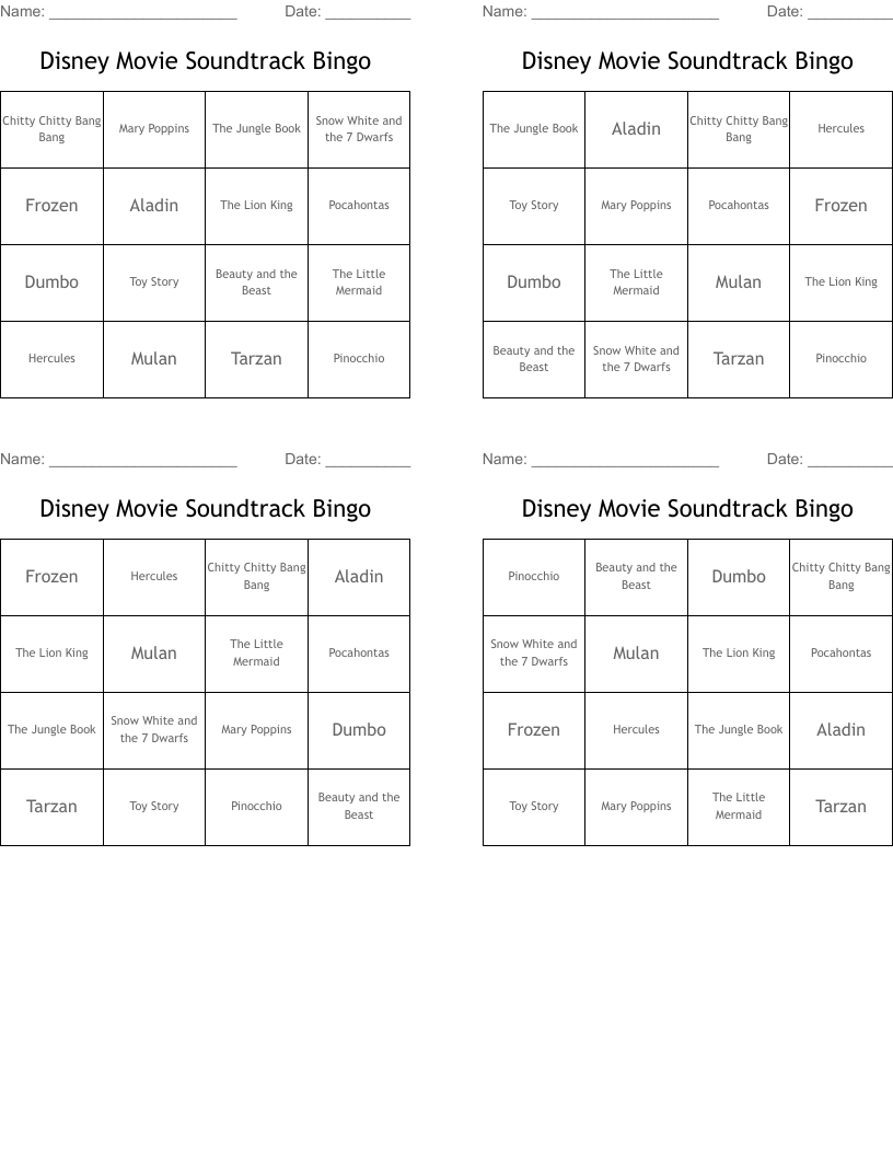 Disney Movie Soundtrack Bingo