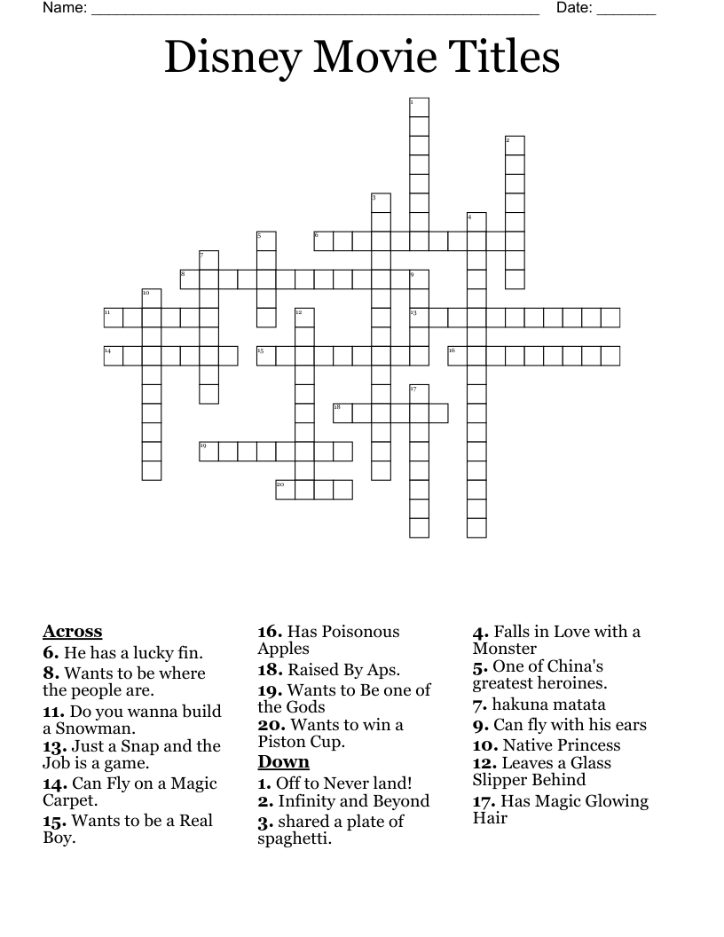 Disney Movie Titles Crossword