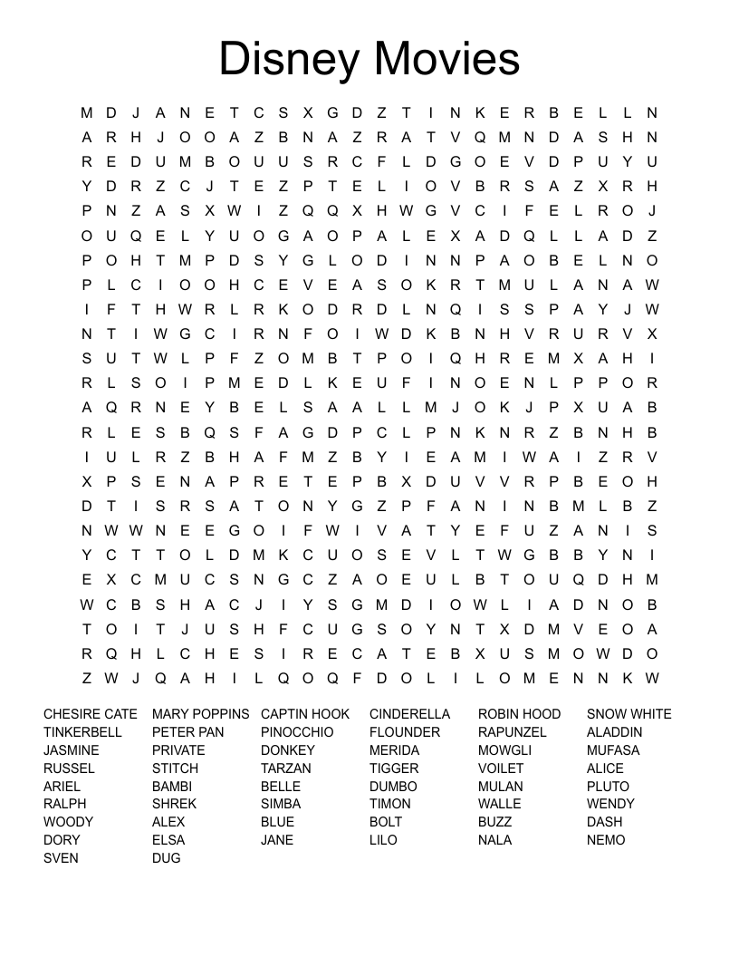 Disney Movies Word Search
