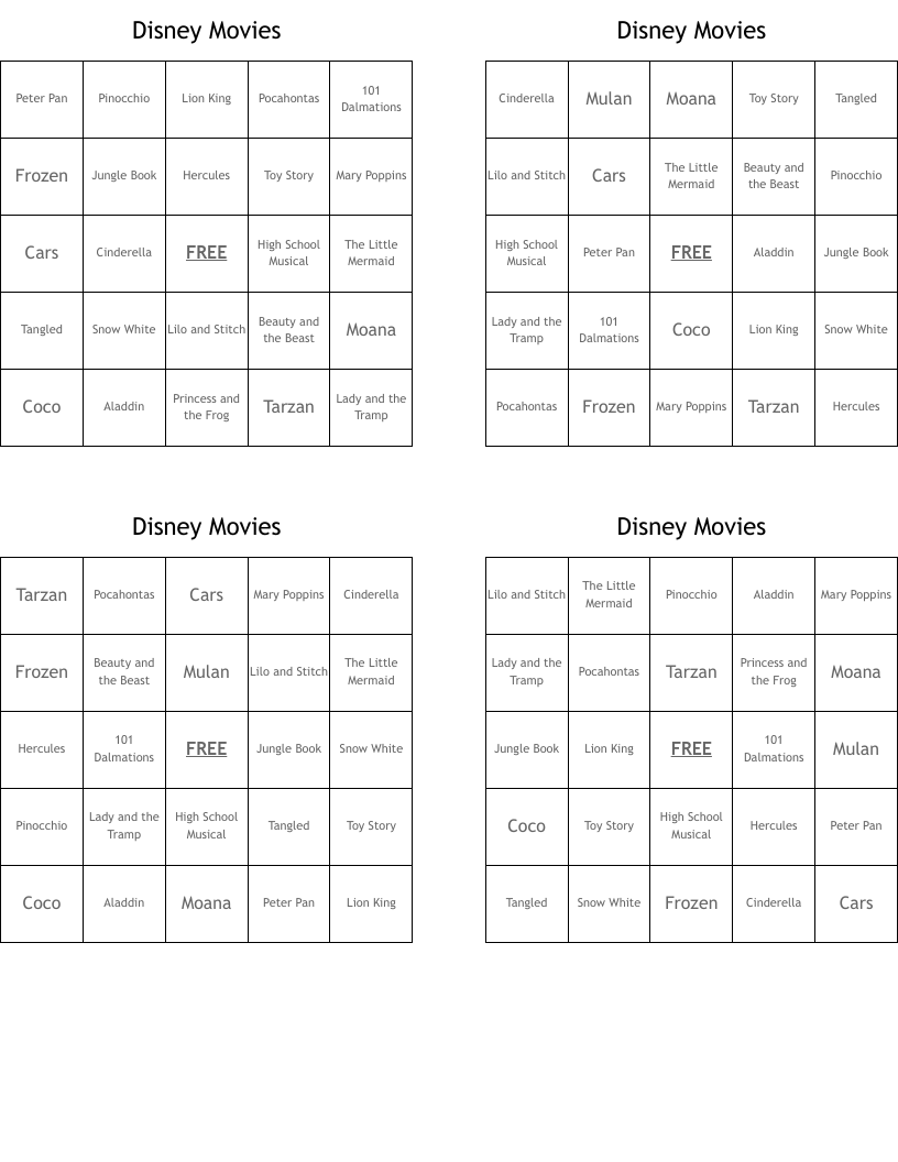 Disney Movies Bingo Cards
