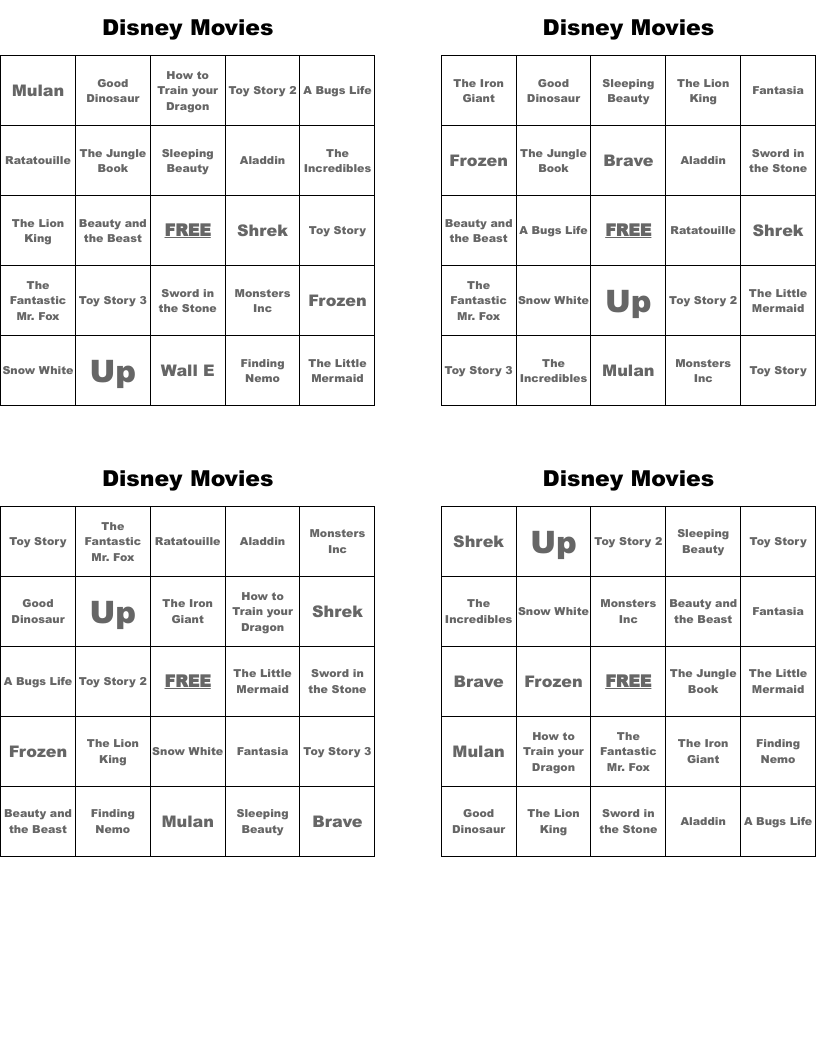 Disney Movies Bingo Cards