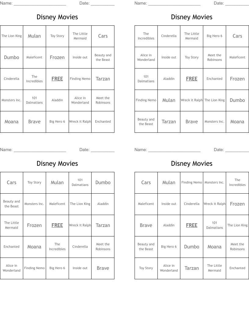 Disney Movies Bingo Cards