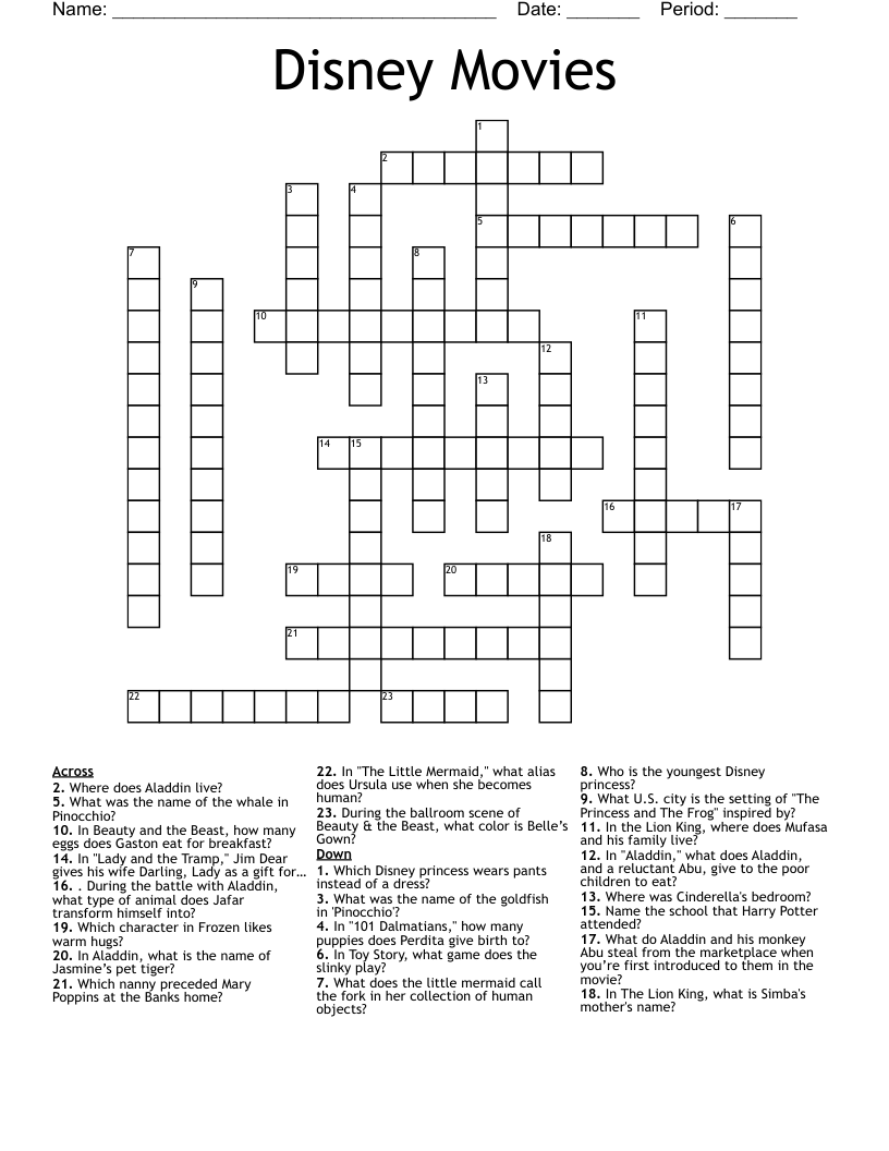Disney Movies  Crossword