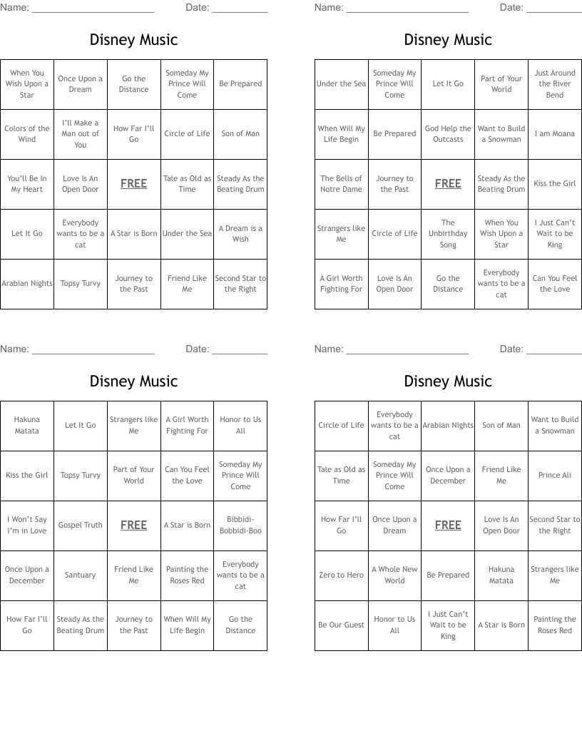 Disney Music Bingo Cards