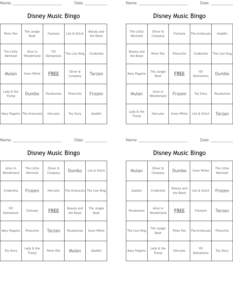 Disney Music Bingo