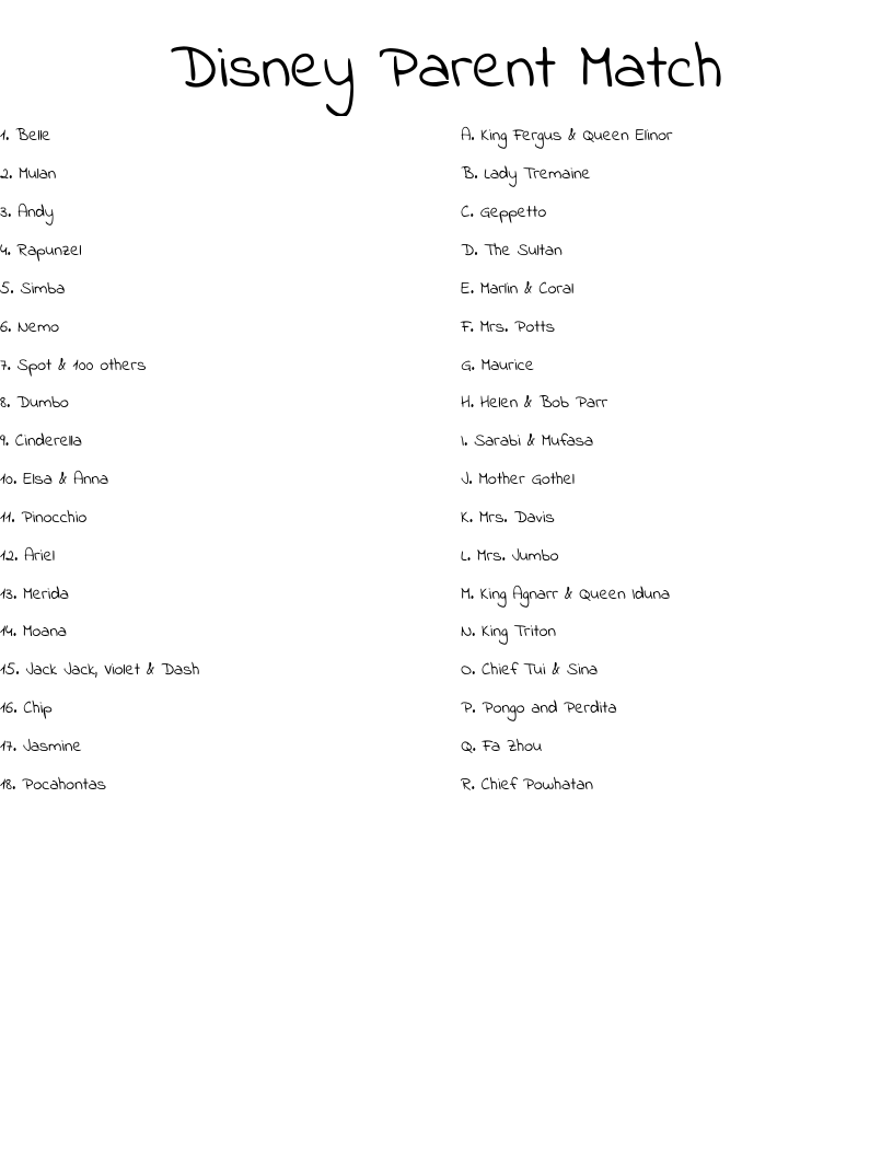 Disney Parent Match Worksheet