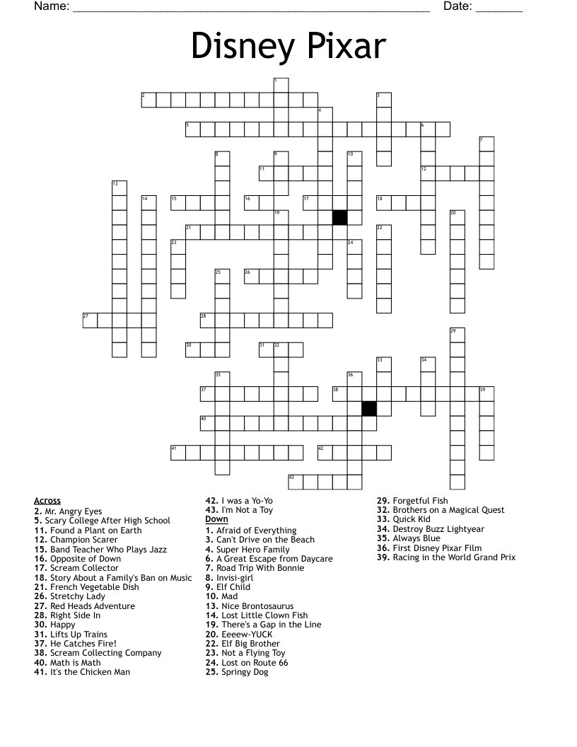 Disney Pixar Crossword