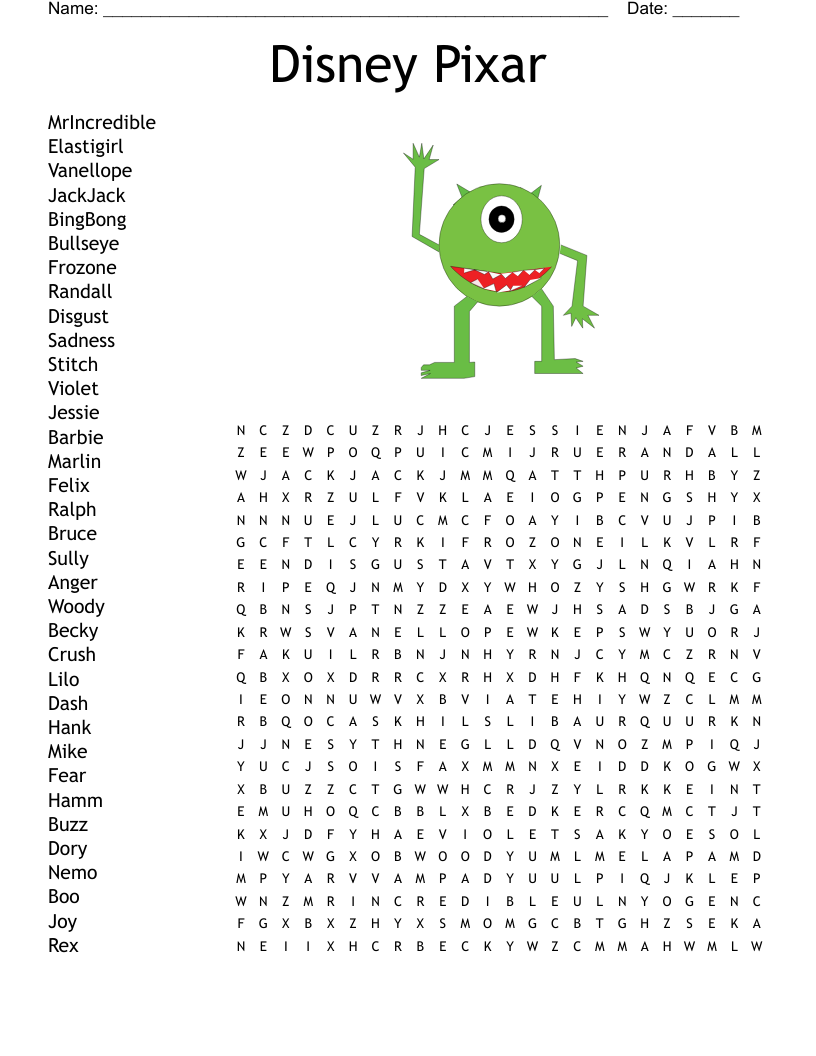 Disney Pixar Word Search