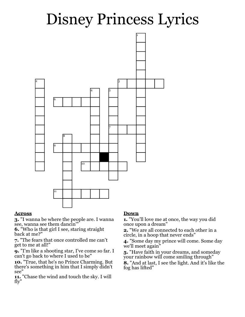 Disney Princess Lyrics Crossword