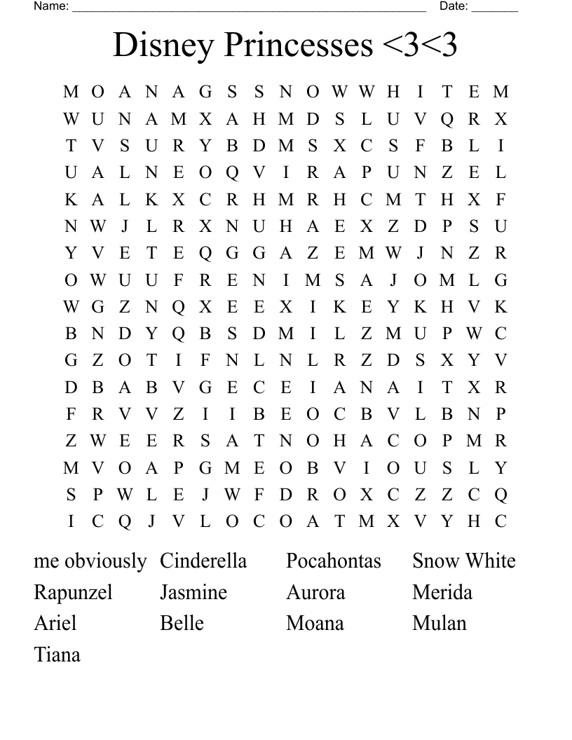 Disney Princesses <3<3 Word Search