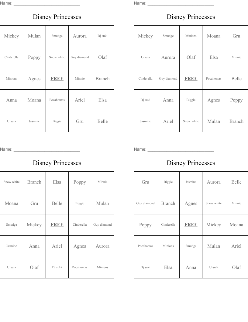Disney Princesses Bingo Cards