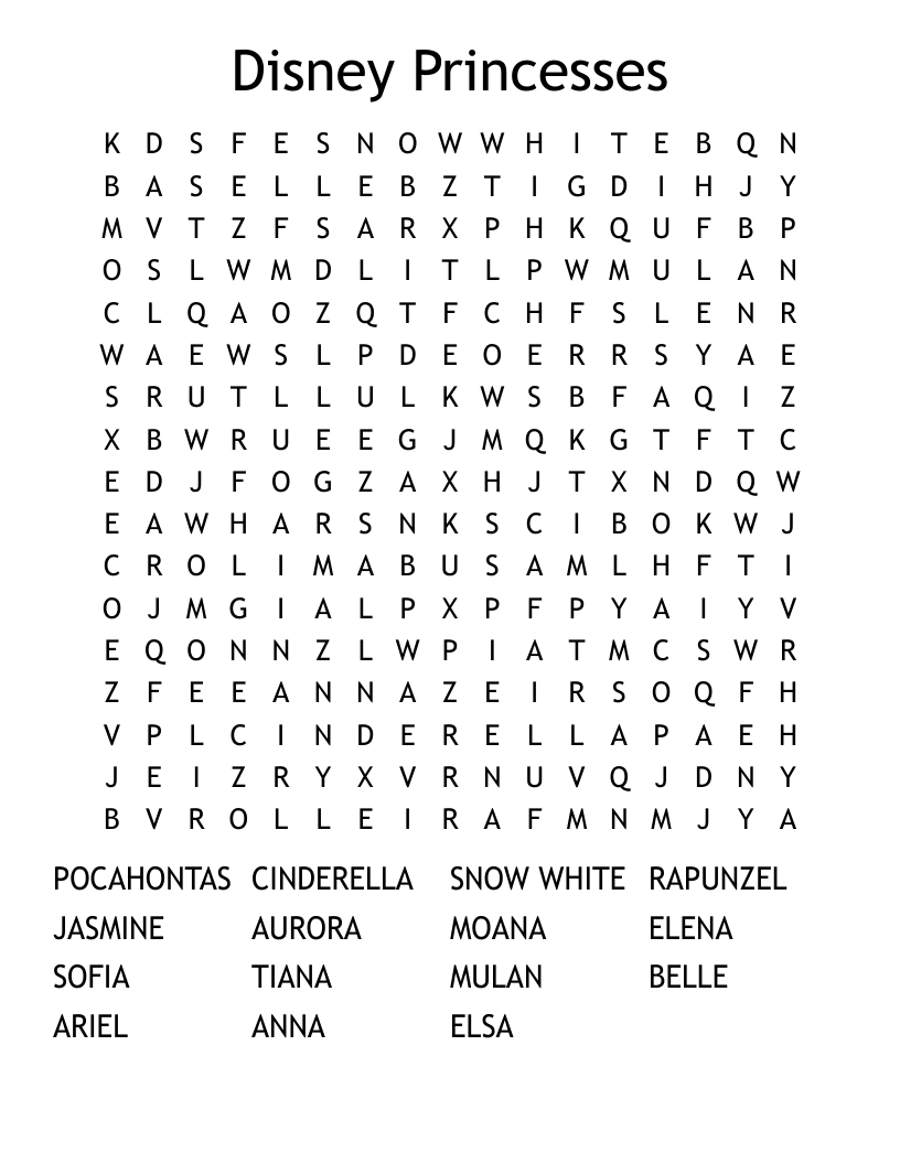 Disney Princesses Word Search