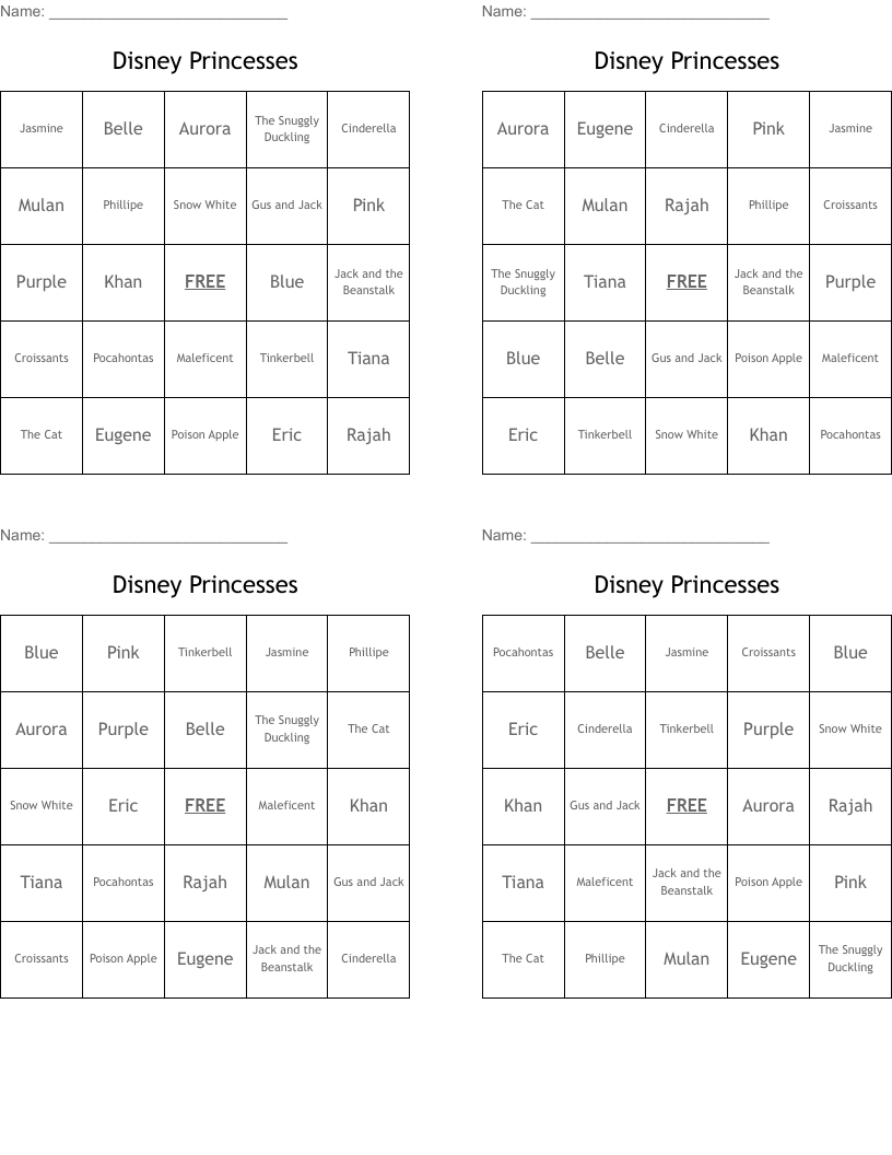 Disney Princesses Bingo Cards