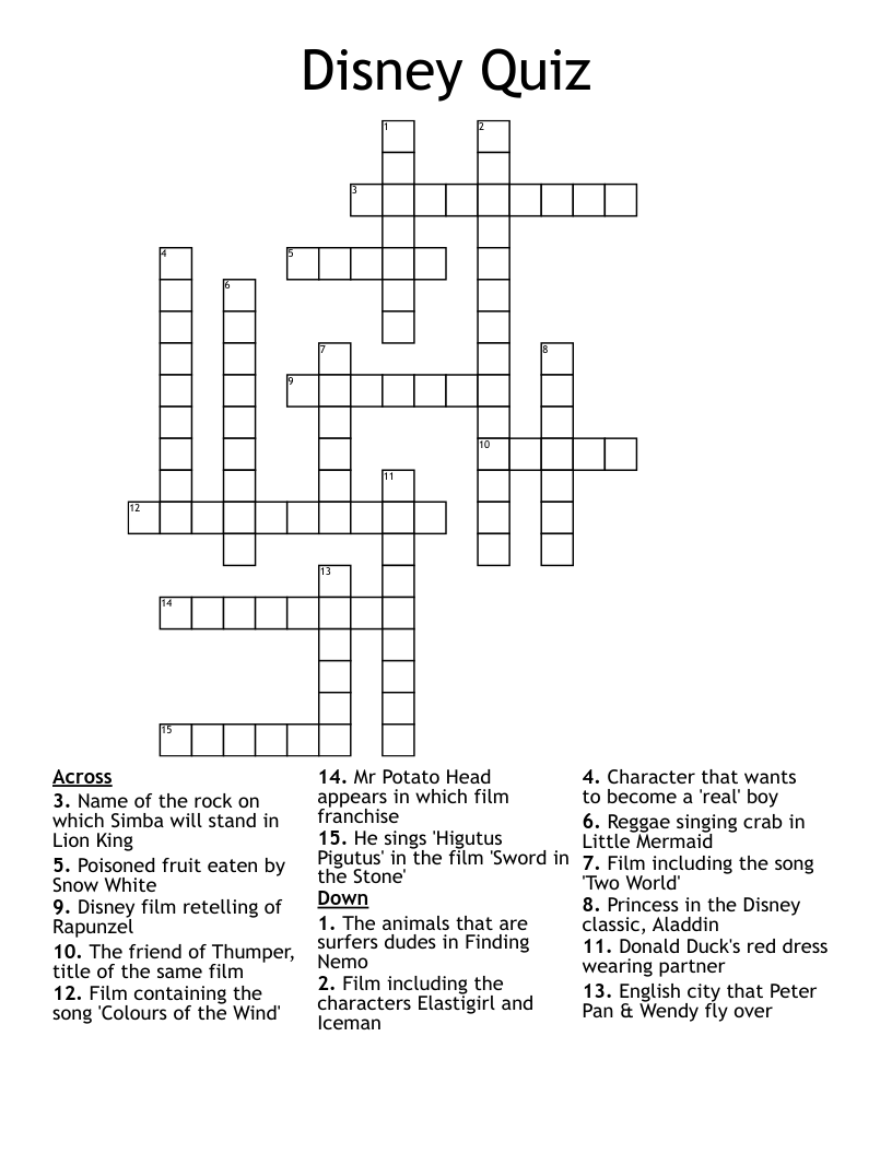 Disney Quiz Crossword