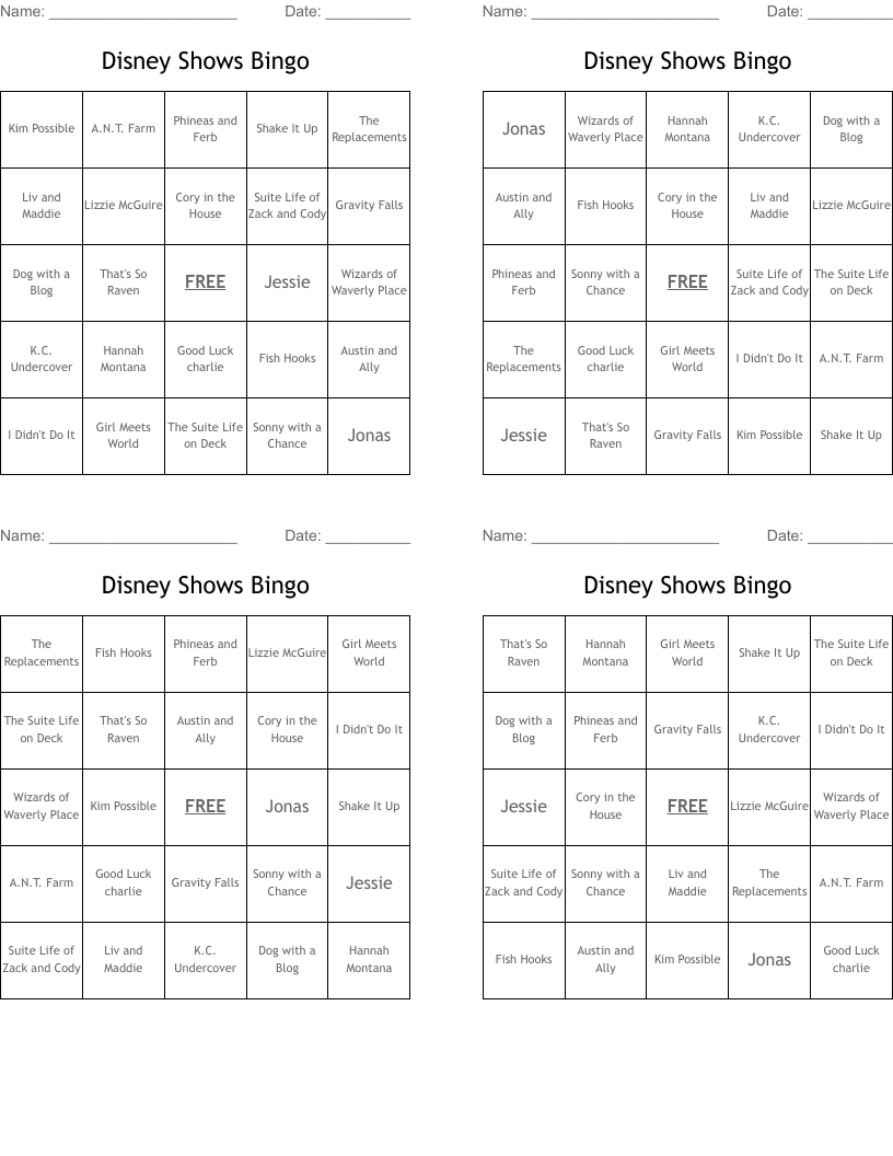 Disney Shows Bingo