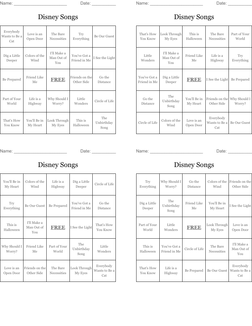 Disney Songs Bingo Cards
