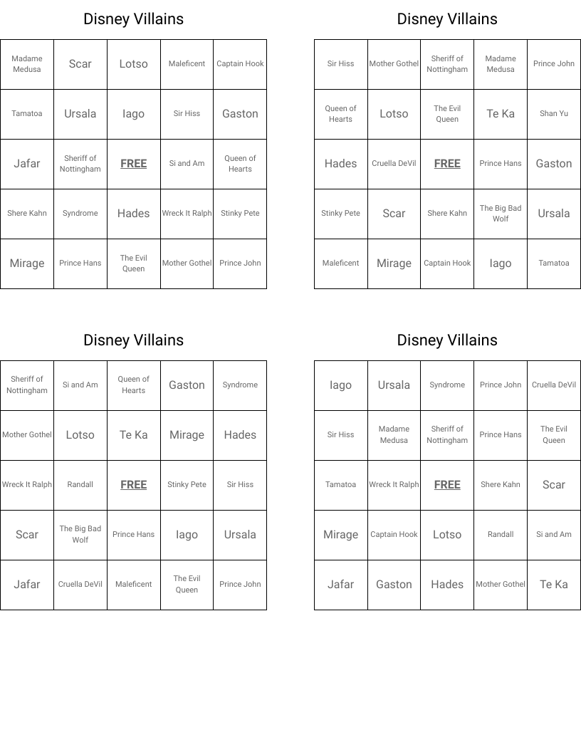 Disney Villains Bingo Cards