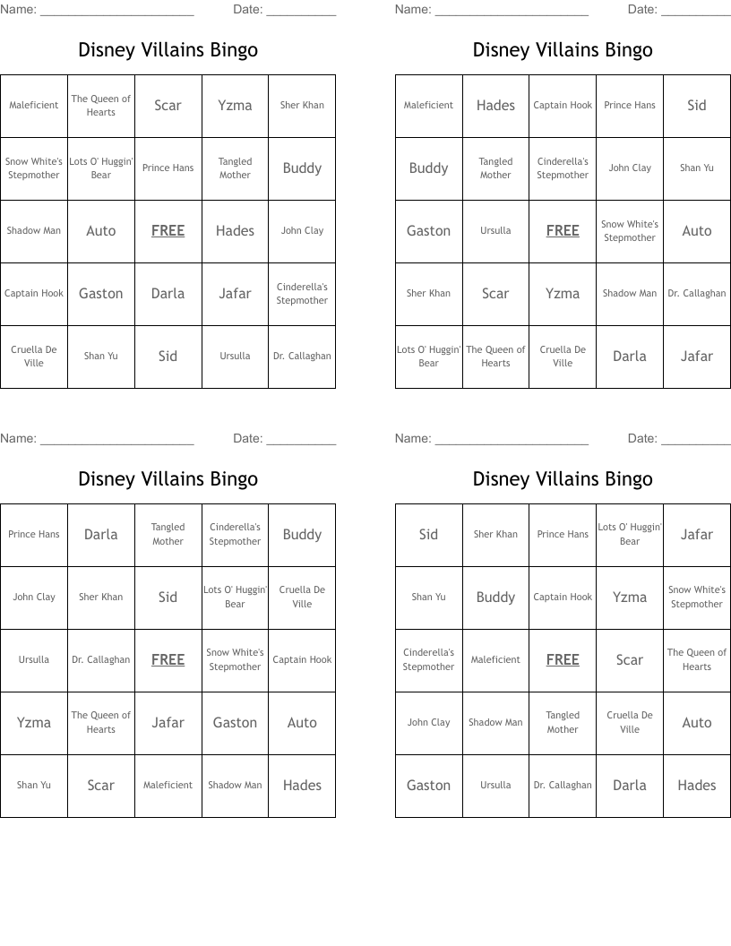 Disney Villains  Bingo