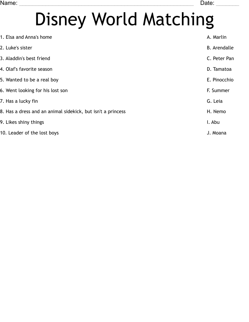 Disney World Matching Worksheet