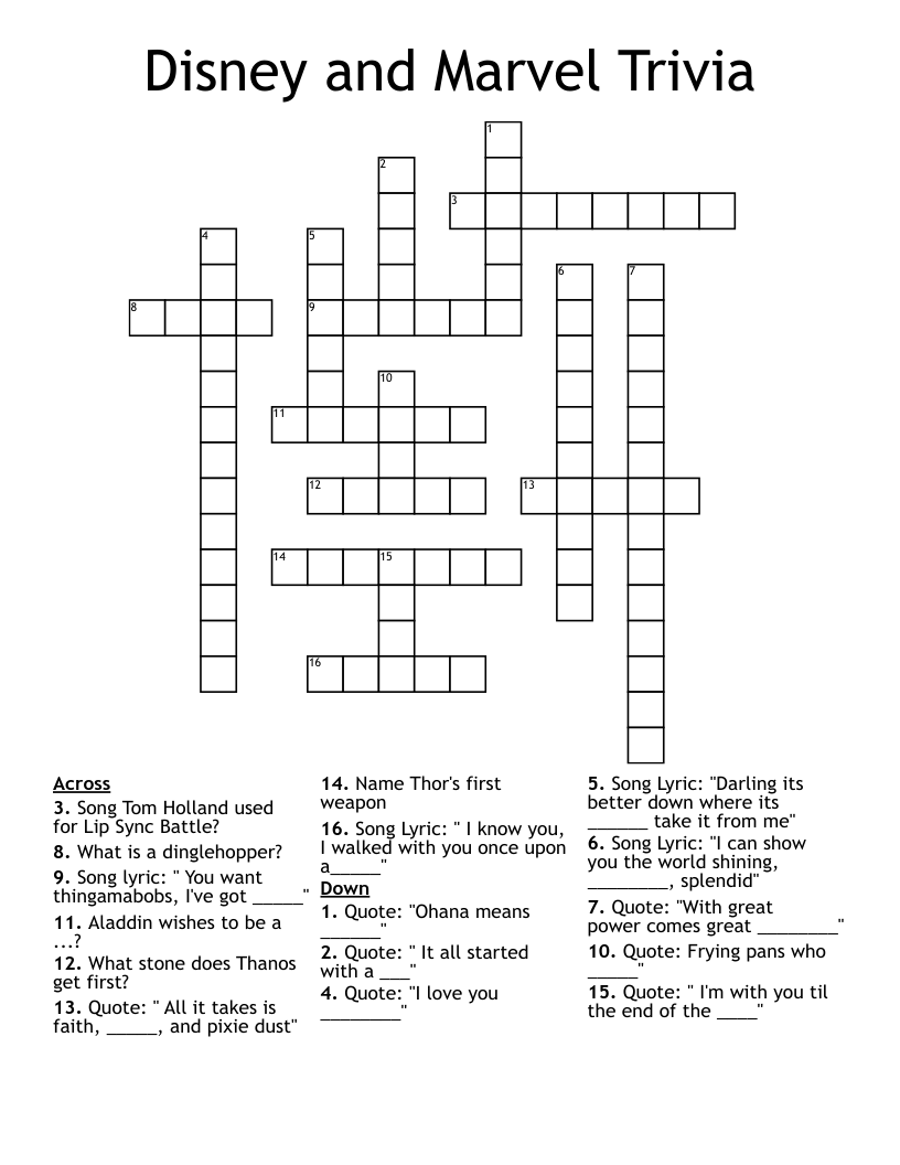 Disney and Marvel Trivia Crossword