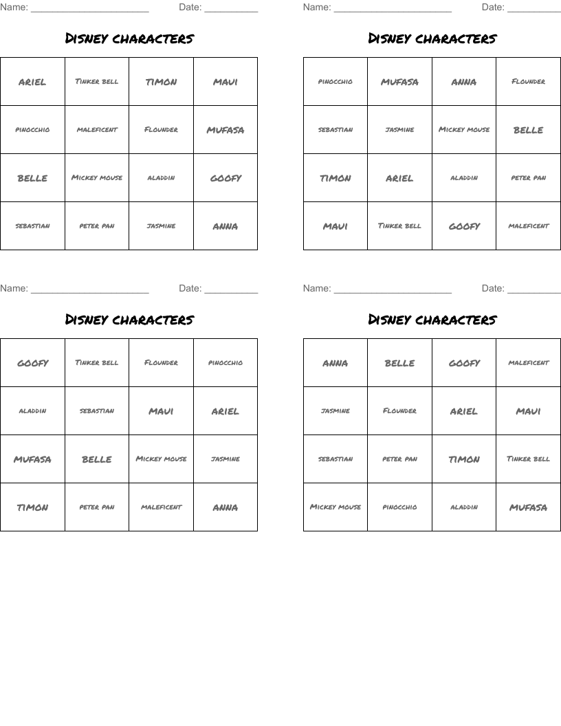 Disney characters Bingo Cards