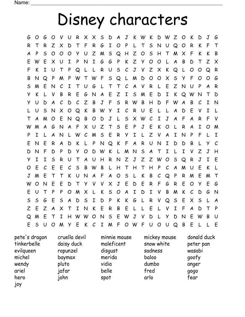 Disney characters Word Search