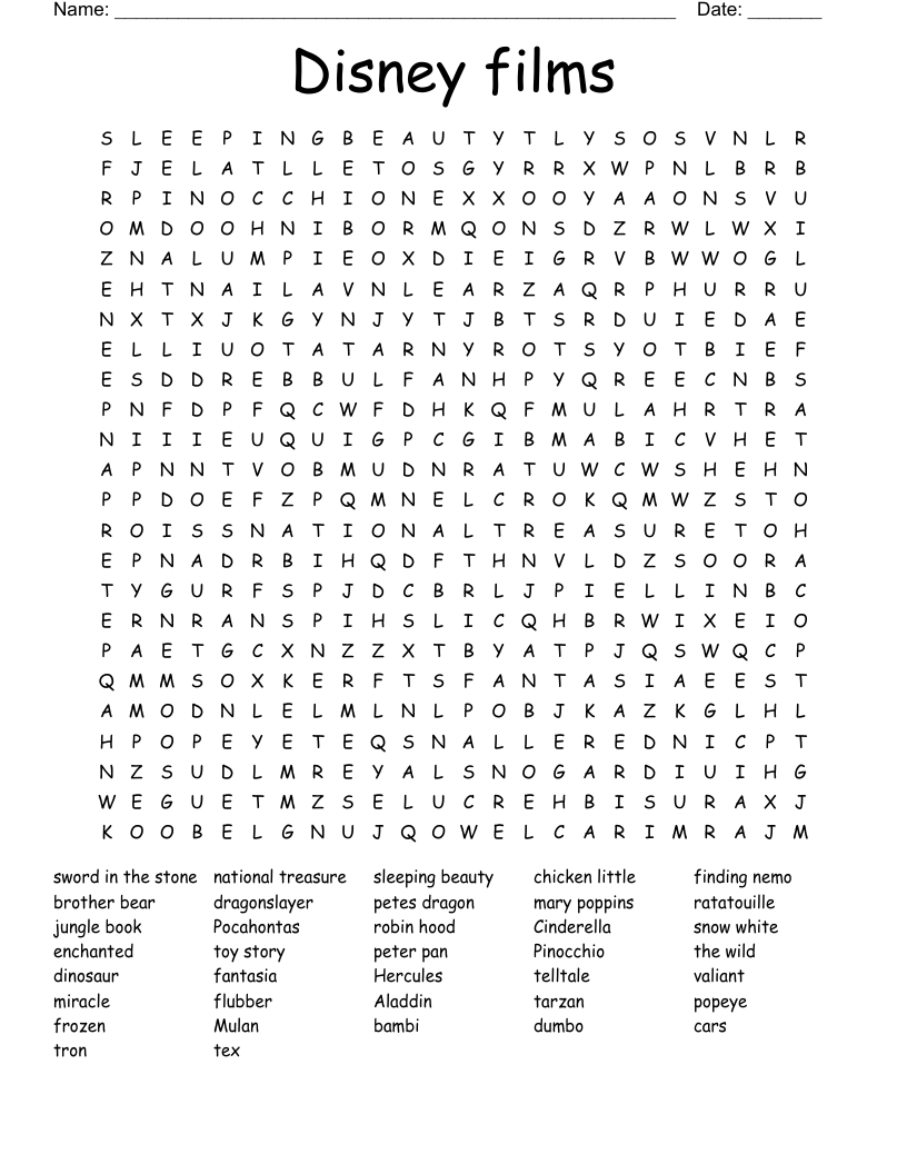 Disney films Word Search