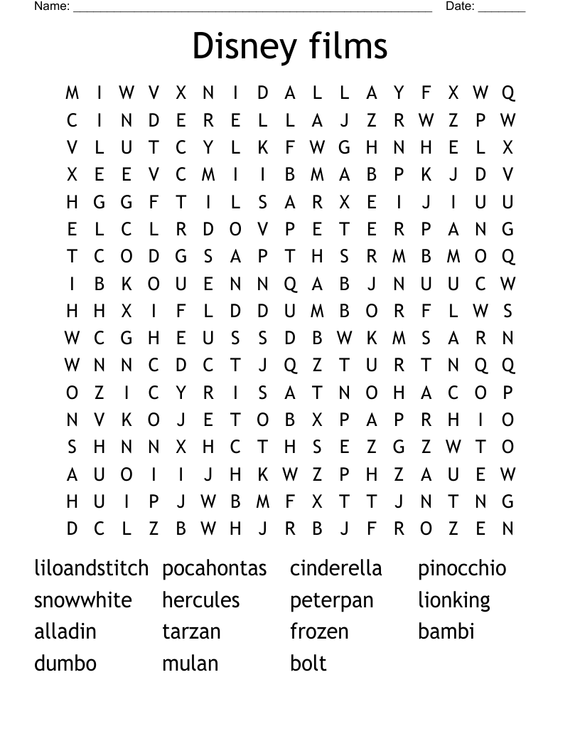 Disney films  Word Search