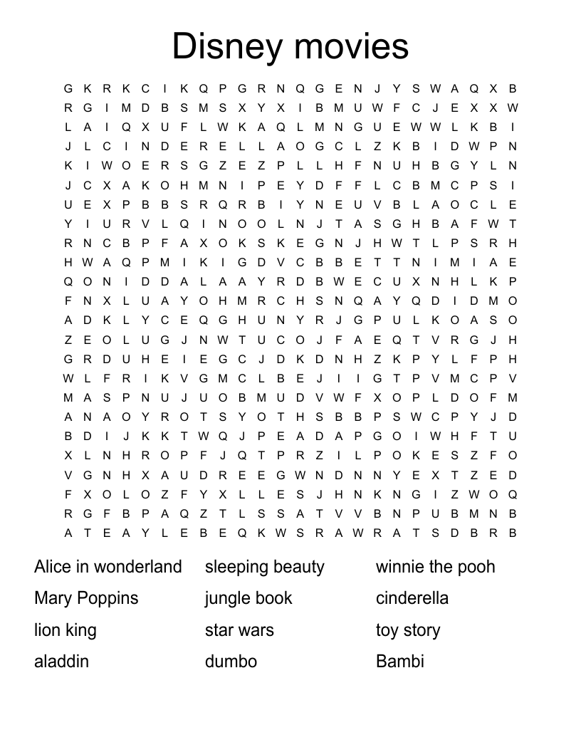 Disney movies Word Search