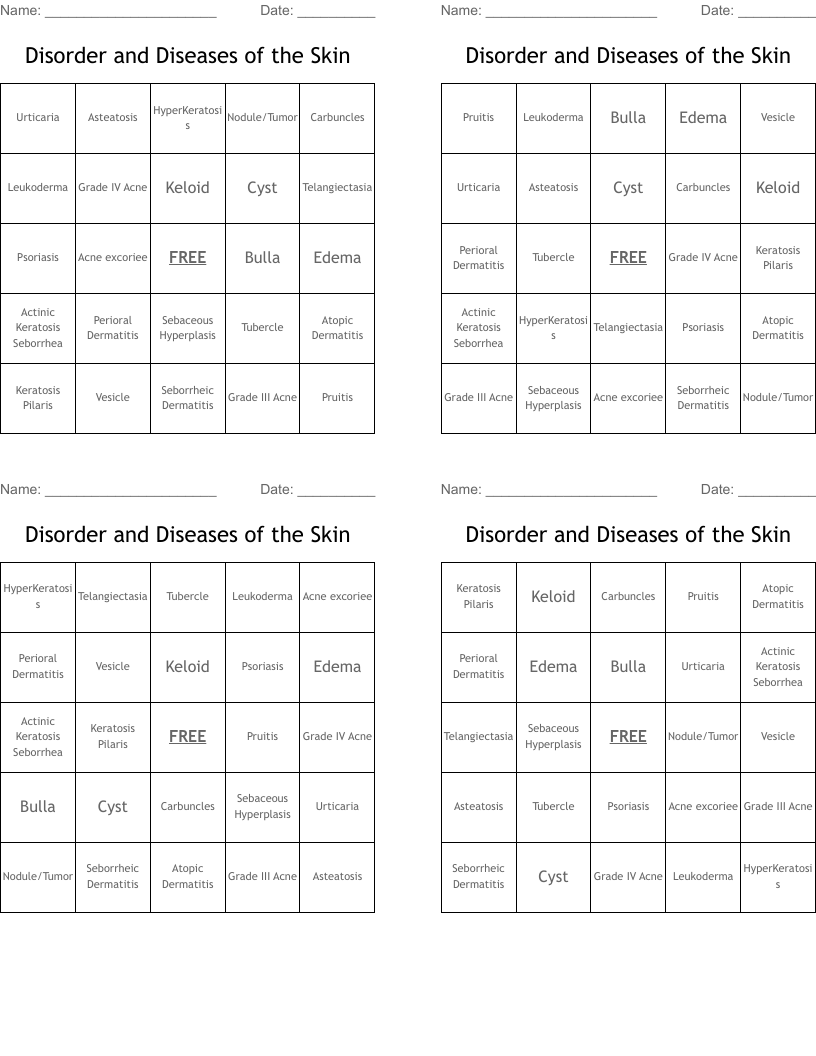 Disorder and Diseases of the Skin  Bingo Cards