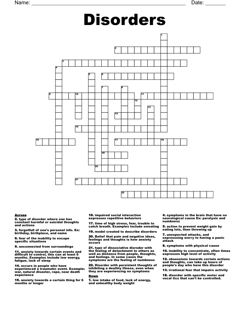 Disorders Crossword