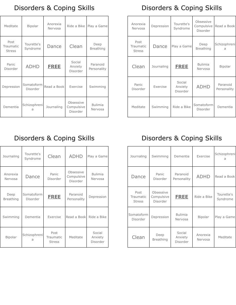 Disorders & Coping Skills Bingo Cards