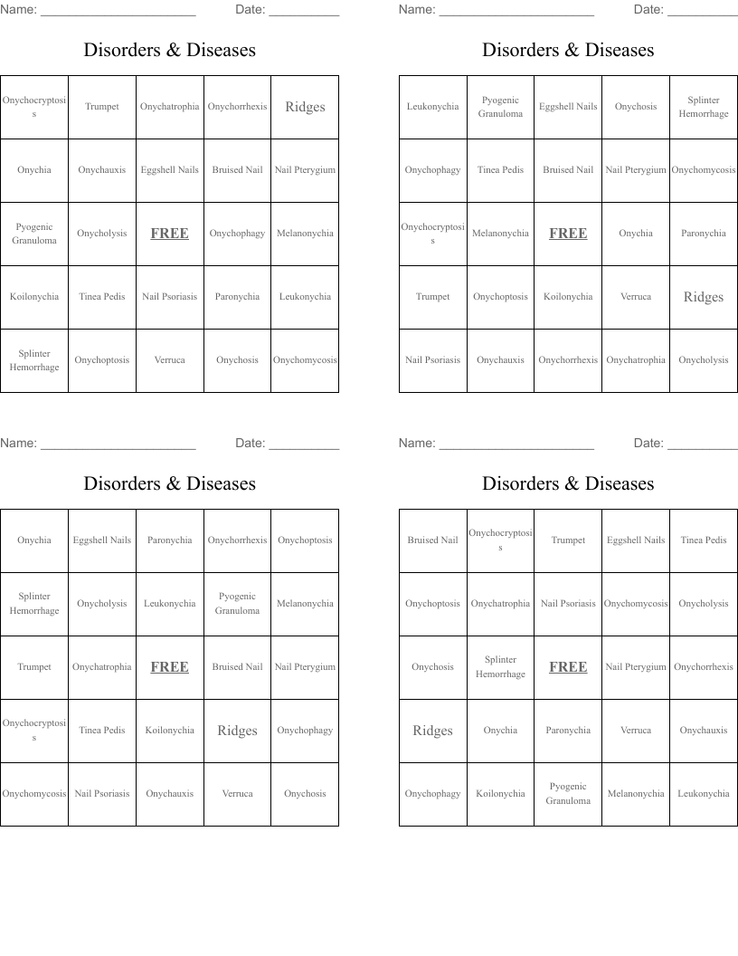 Disorders & Diseases Bingo Cards