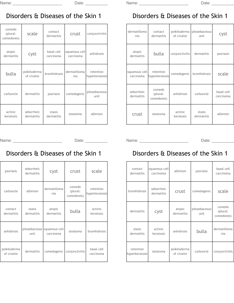 Disorders & Diseases of the Skin 1 Bingo Cards