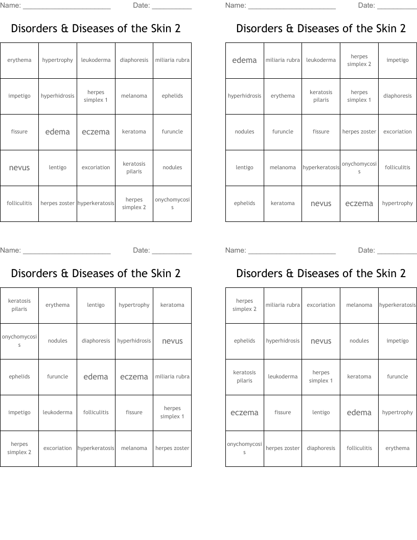 Disorders & Diseases of the Skin 2 Bingo Cards