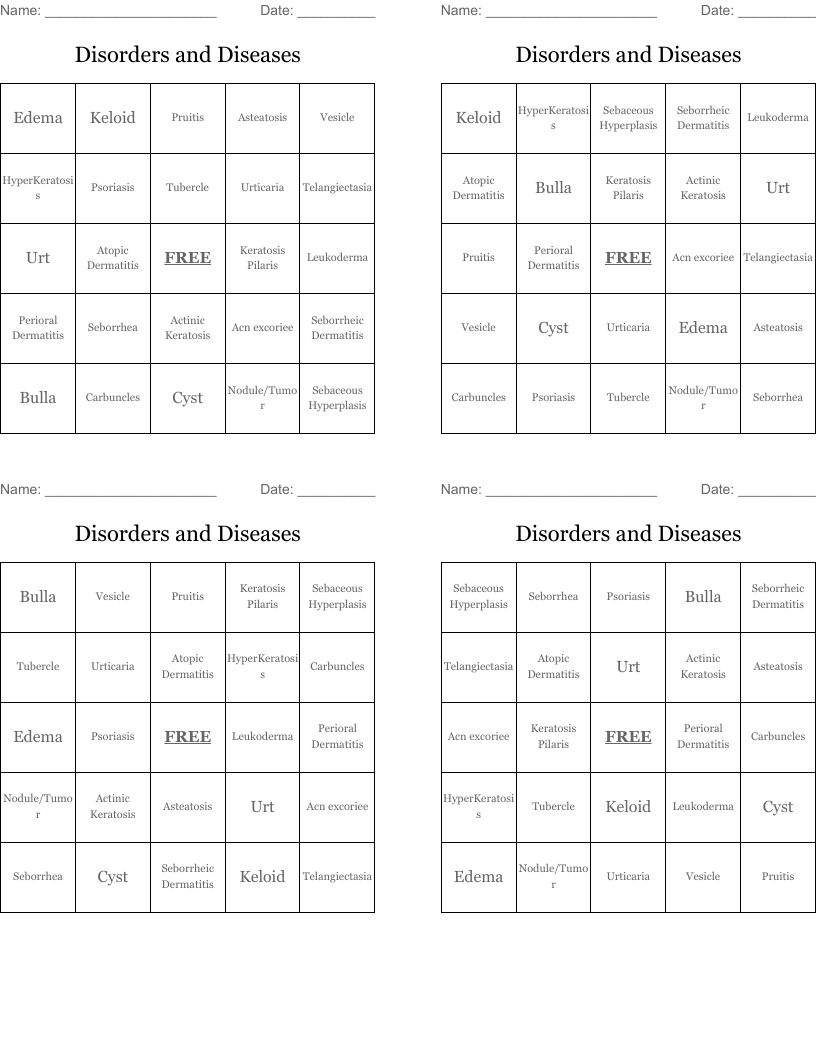 Disorders and Diseases Bingo Cards