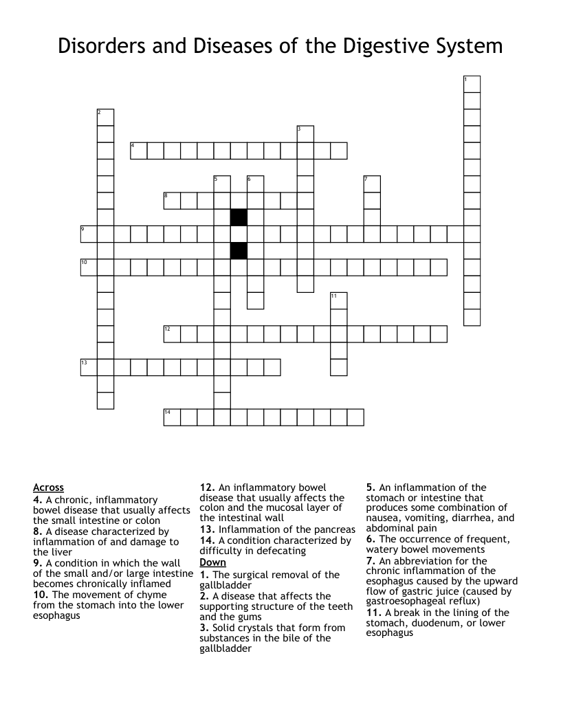 Disorders and Diseases of the Digestive System Crossword