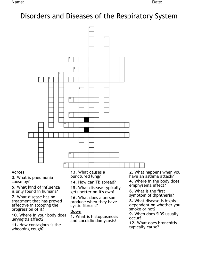 Disorders and Diseases of the Respiratory System Crossword