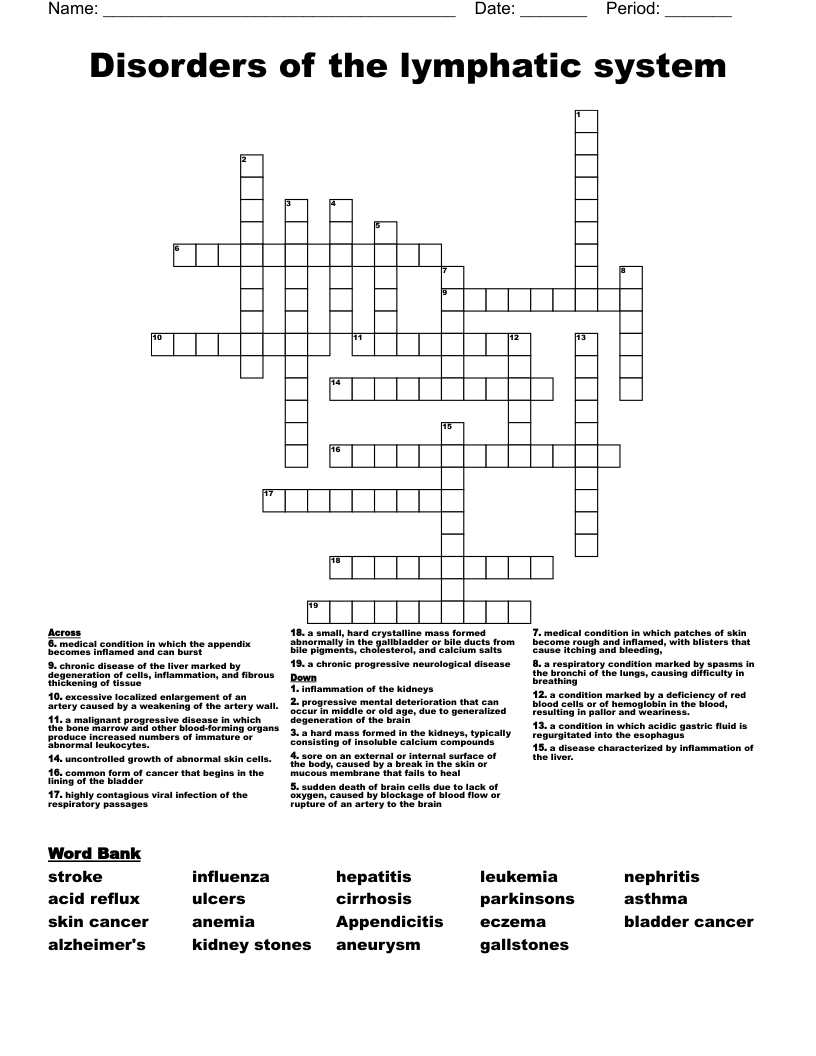 Disorders of the lymphatic system  Crossword