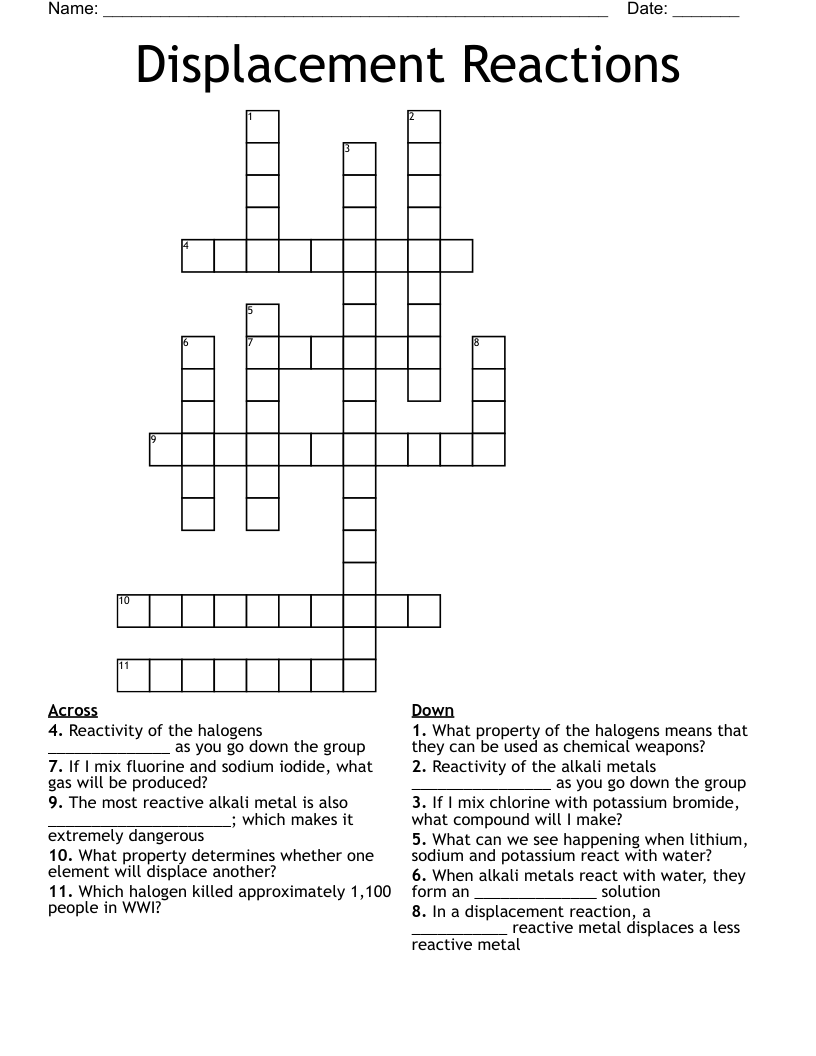 Displacement Reactions Crossword