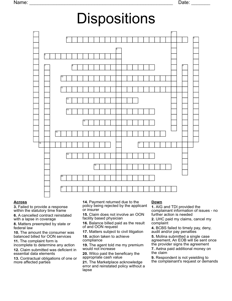 Dispositions Crossword