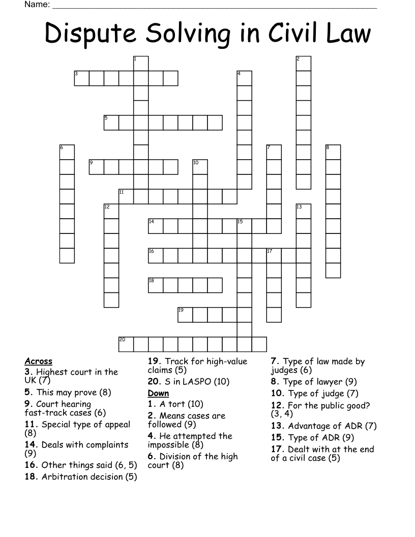 Dispute Solving in Civil Law Crossword